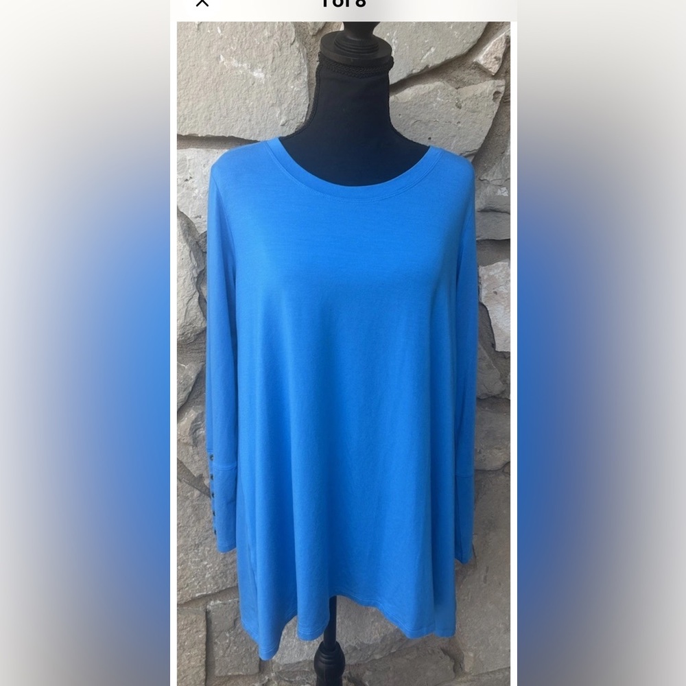 SOFT SURROUNDINGS Tunic T Shirt Top Medium Turquoise Blue Hi Lo Hem Long Slv EC